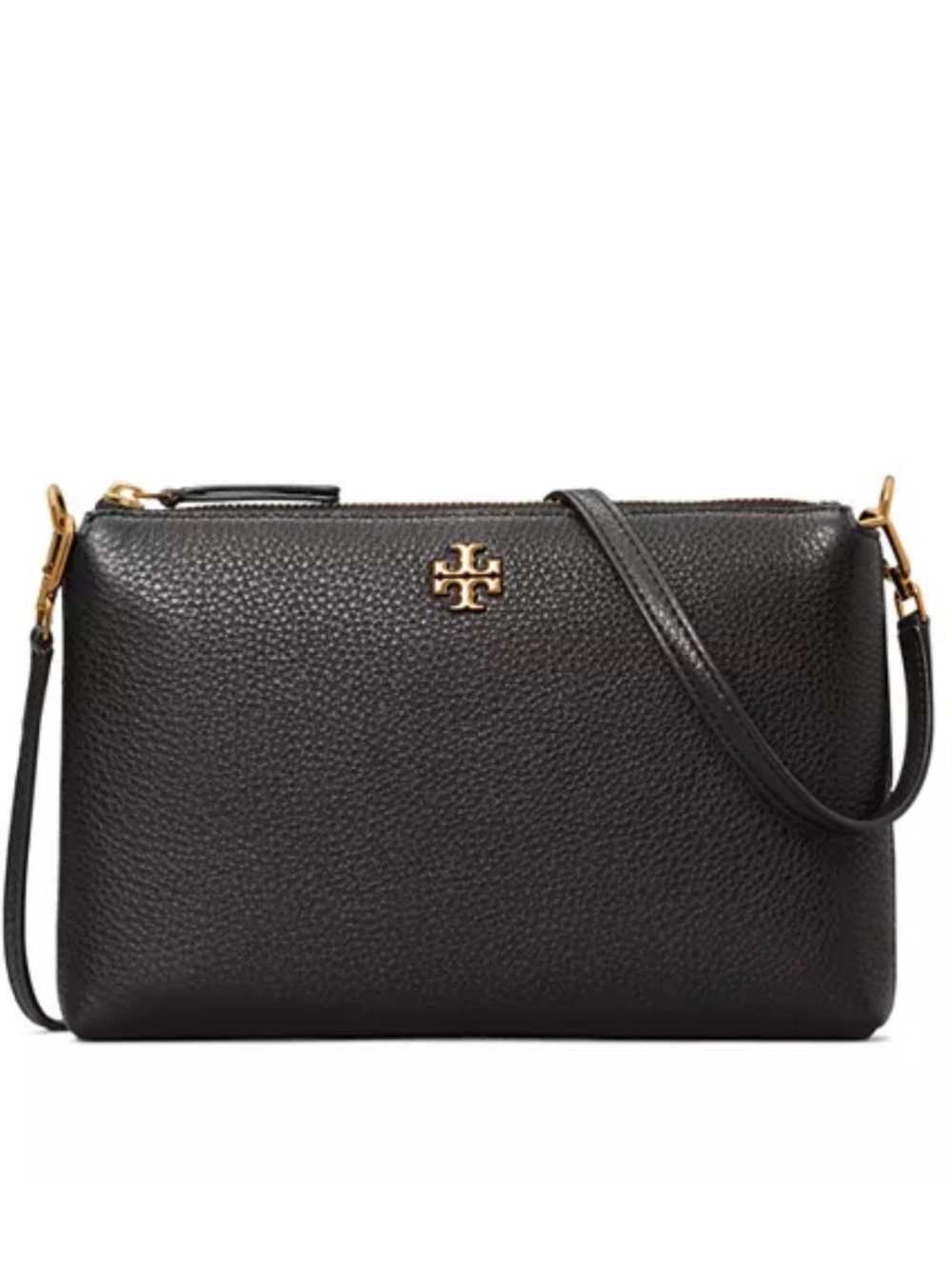 Tory Burch Black Pebbled Leather Double-Zip Crossbody with Gold Logo